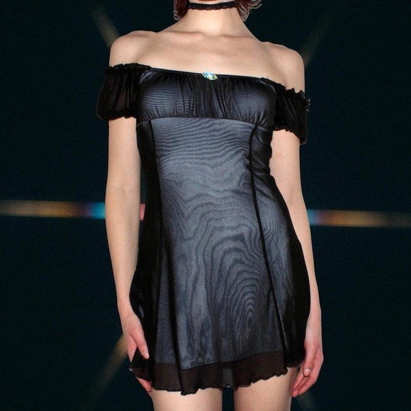 Dolls Kill goth Cinderella slinky blue & black mesh babydoll mini dress - Picture 1 of 3